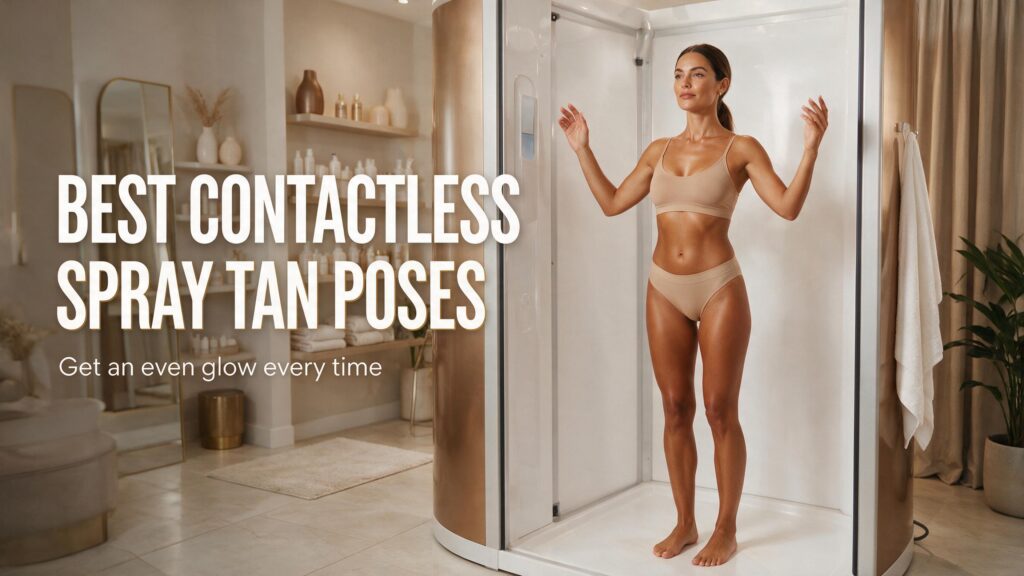 Woman demonstrating a contactless spray tan pose in a modern Northern Ireland tanning booth